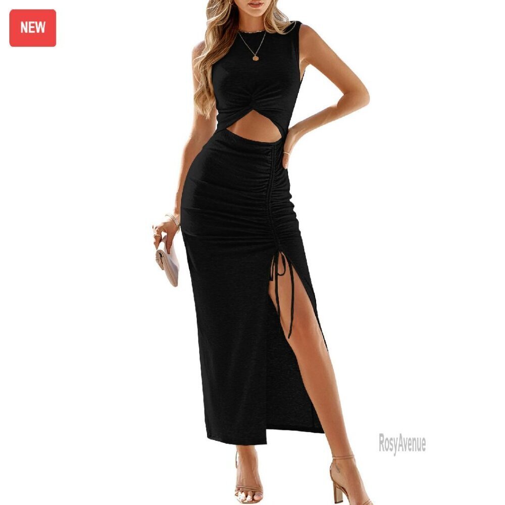 Crew Neck Cut Out Twist Ribbed Knit Sleeveless Bodycon Long Dress